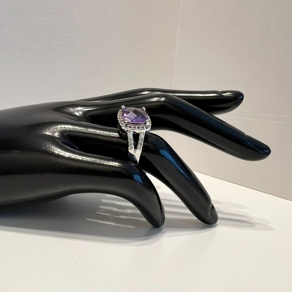 Cushion-Cut Amethyst & White Zircon Halo Sterling Silver Ring (Size 8)BEAUTIFUL - Picture 4 of 5